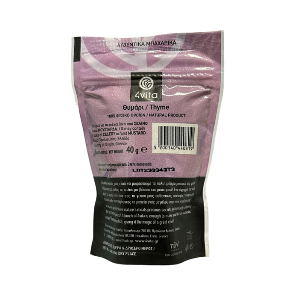 Ontdek de kracht van pure Kretenzische tijm.
Deze biologische 4Vita tijm wordt met de hand geoogst in de zonovergoten heuvels van Kreta en staat bekend om zijn intense aroma en rijke smaak. 
